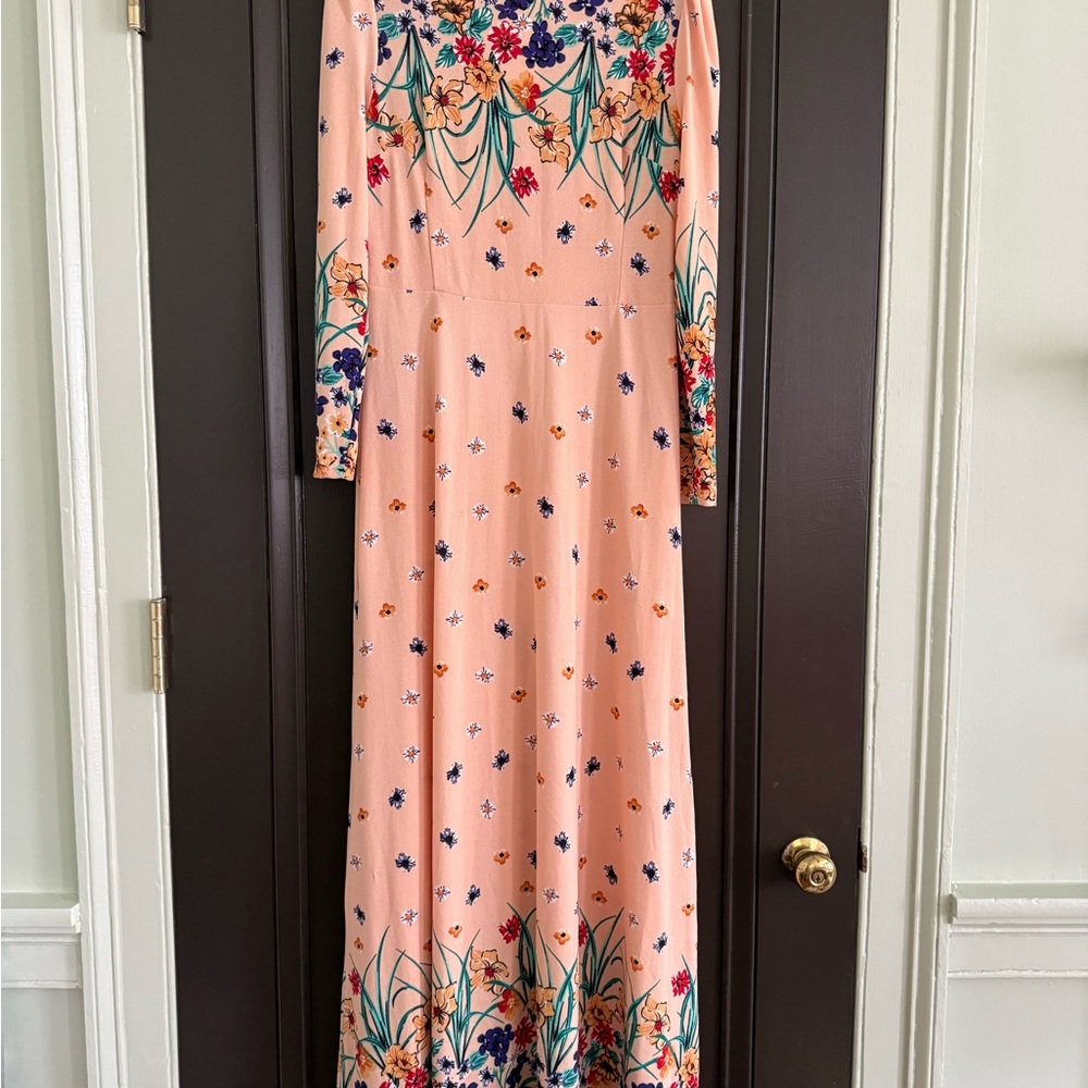 Elegant Modest Floral Long Sleeve Dress - Peach